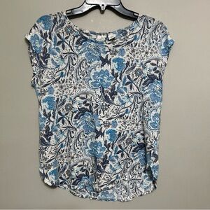 Joie Women’s Blouse M 100% Linen White‎ Blue Paisley Floral Pullover Top Beachy